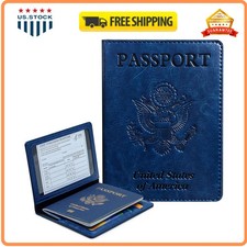 RFID Blocking Leather Passport Holder Wallet Travel Document Organizer Navy Blue