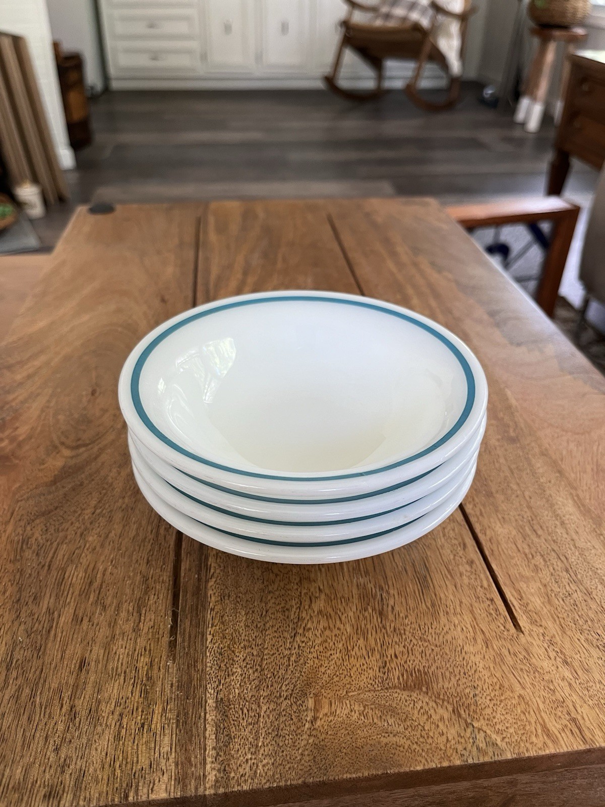 Set of 4 Fire King 350 Series White & Teal Soup Bowls - 7.5