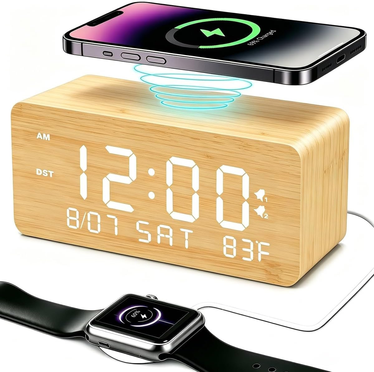 Bedside Alarm Clock Wireless Phone Charger Dual USB Dimmable Wood LED Display