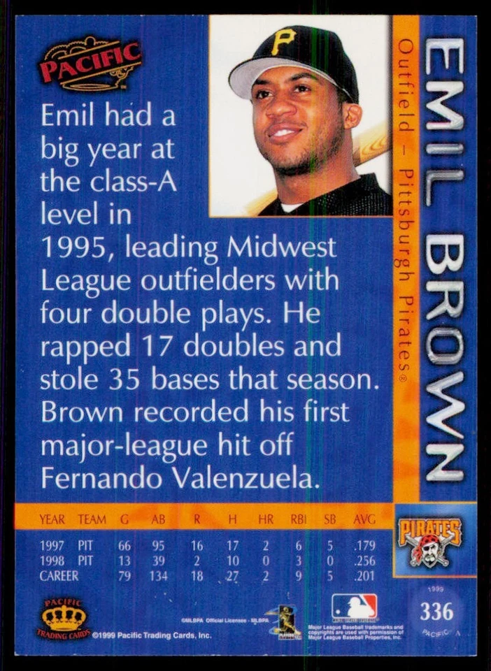 1999 Pacific #336 Emil Brown Pittsburgh Pirates Baseball Card - Image 2 of 2