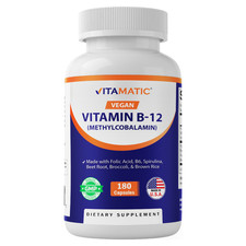 Vitamatic Vegan B12 1000 mcg - Methyl B12 with Folic Acid, Vitamin B6 - 180 Caps