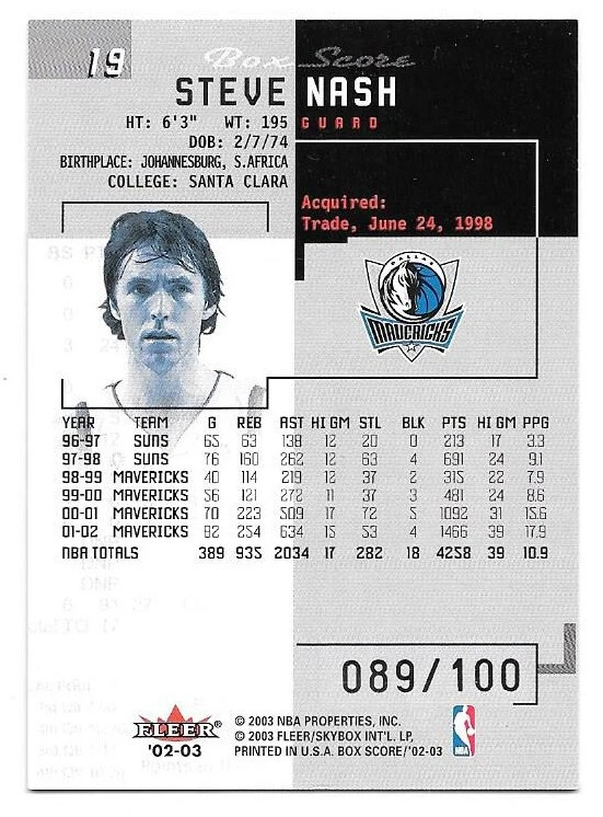 2002-03 Fleer Box Score First 1st Edition Parallel #19 Steve Nash /100 - Image 2 of 2