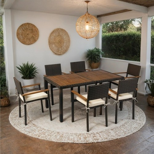 7 piece Outdoor Patio Set Patio Wicker Furniture Acacia Wood Top Brown Wicker - Picture 15 of 16