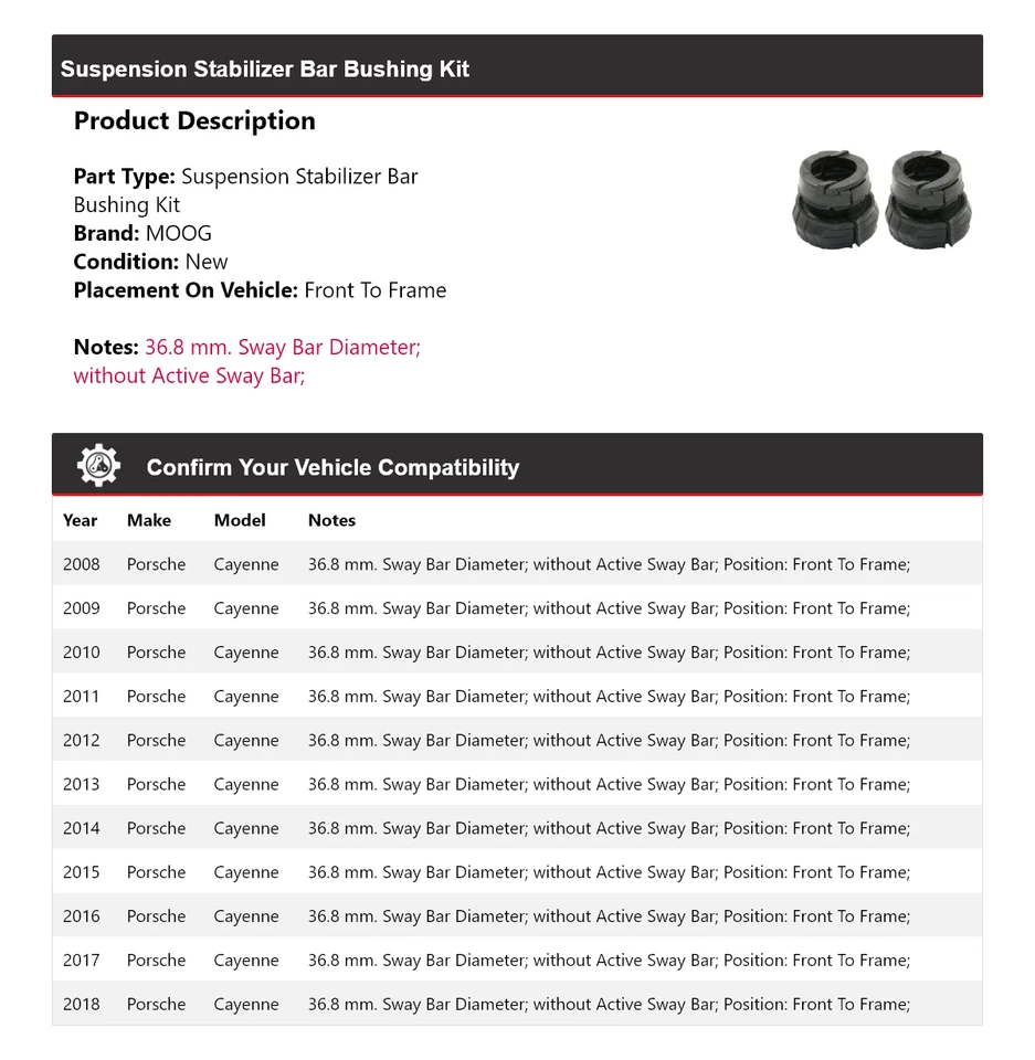 Kit de buje de barra estabilizadora de suspensión MOOG 2008-2018 para Porsche Cayenne Foto 2 de 3