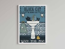 Black Cat Wash Your Paws print Bathroom Decoration Print Animal Picture Vintage