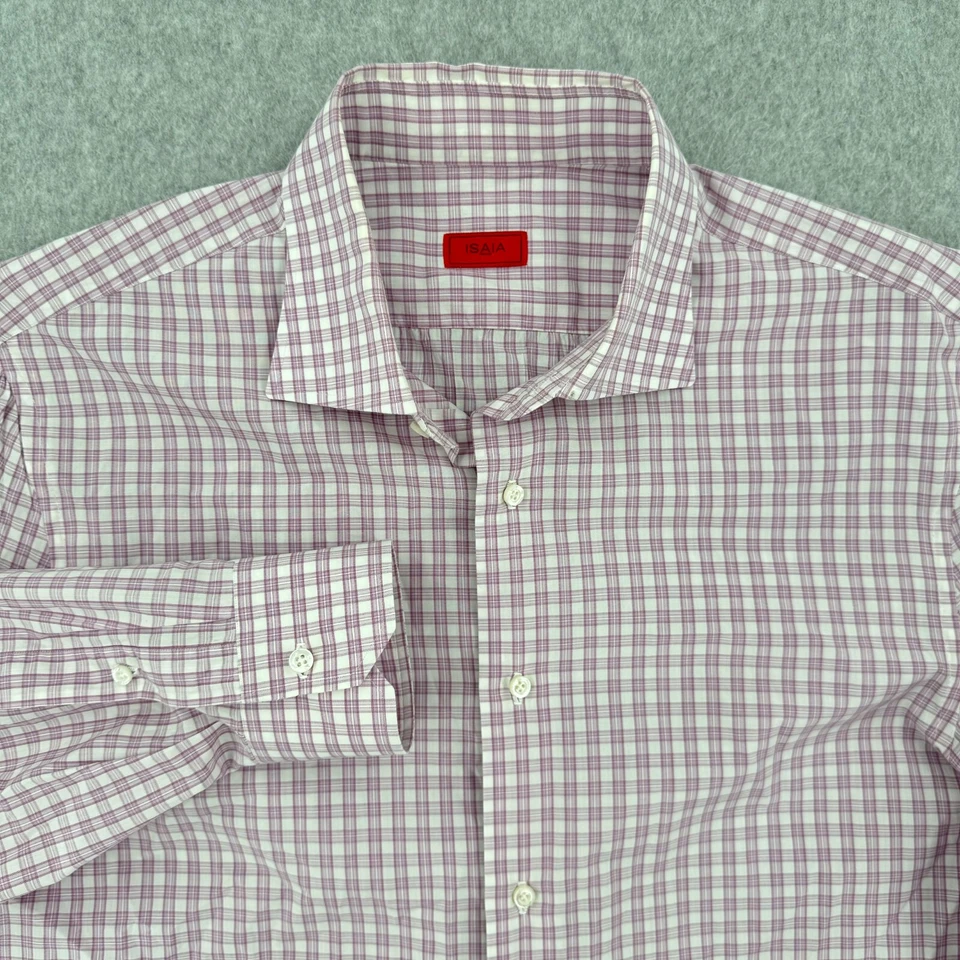 Camisa de vestir Isaia Napoli para hombre 17-43 rosa a cuadros clásica L/S abotonada Italia Foto 2 de 4