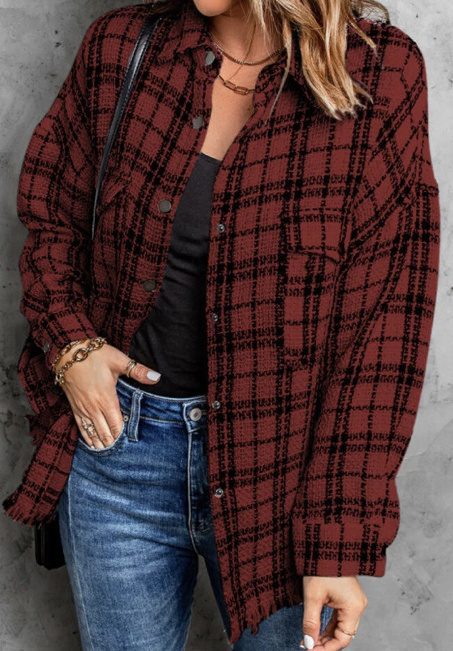 Women's Collared Snap Button Down Jacket Pockets Raw Hem Shacket