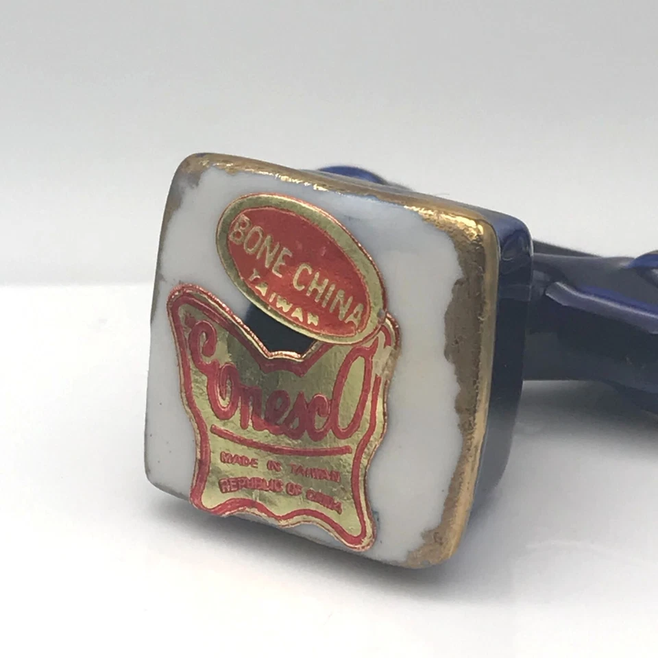 Teléfono Enesco Miniatura Hueso China, Vintage Azul Cobalto Cuna Teléfono Dorado Foto 4 de 4