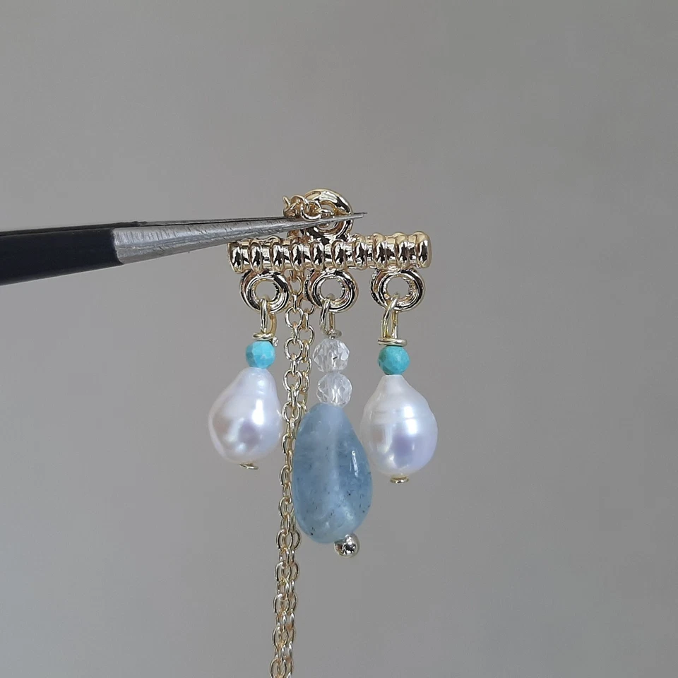 collier pendentif en pierre précieuse perles aigue-marine turquoise topaze - Photo 3/4