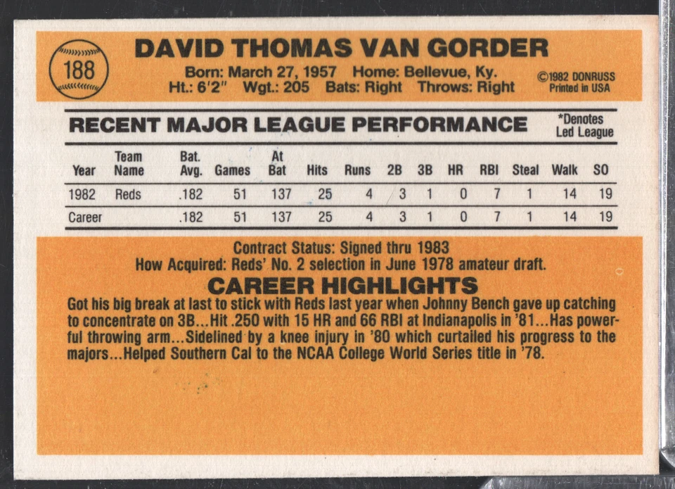 Dave Van Gorder Reds Autographed 1982 Donruss #188 w/COA 103023NPCD4 - Image 2 of 2