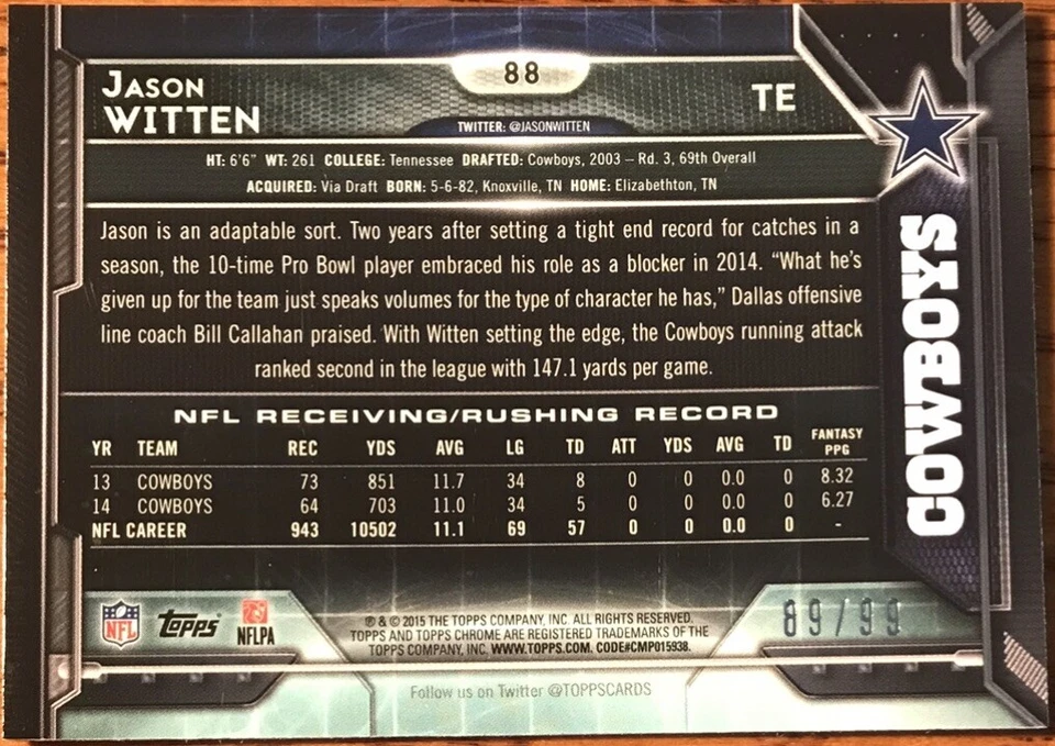 2015 Topps Chrome Mini Camo Refractors Jason Witten #88 Dallas Cowboys #’d 89/99 - Image 2 of 3