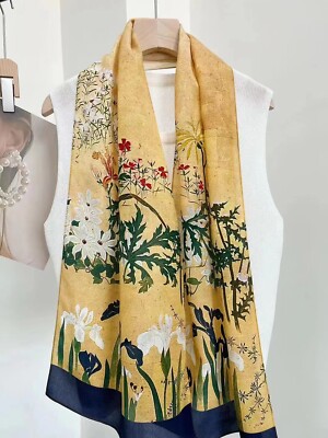 100% mulberry Silk Scarf Women neckerchief Shawl Wrap Floral yellow green blue