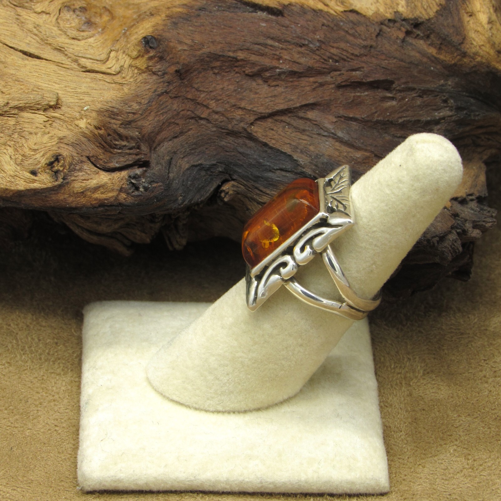 Sterling Silver Rectangular Amber Ring with Inclu… - image 2