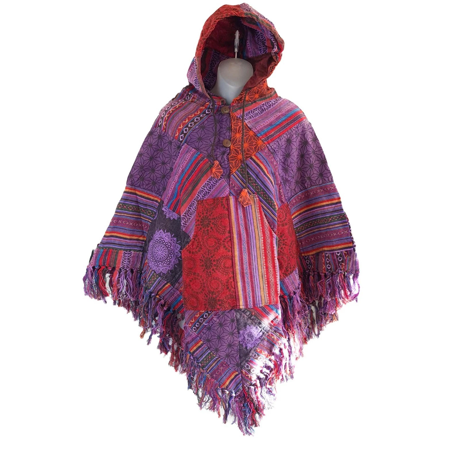 Purple Poncho Patchwork Unisex Boho Baja Festival Hippie Hood Triangle Mexican