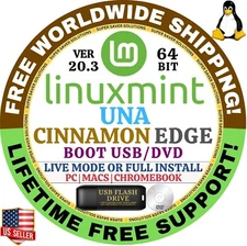 Linux MINT 20.3 USB UNA Cinnamon Edge 64-Bit Live Boot, Full Install for MAC, PC