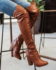 New Lace Up Combat Boots Almond Toe Over Knee Thigh High Block Chunky Thick Heel