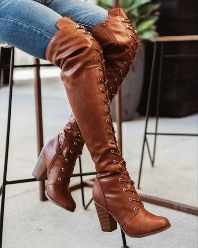 New Lace Up Combat Boots Almond Toe Over Knee Thigh High Block Chunky Thick Heel - Picture 1 of 28