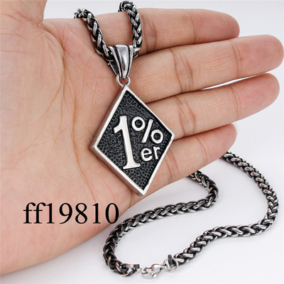 Men Stainless Steel Carved 1%er Pendant Necklace Wheat Link Chain Jewelry GIFT