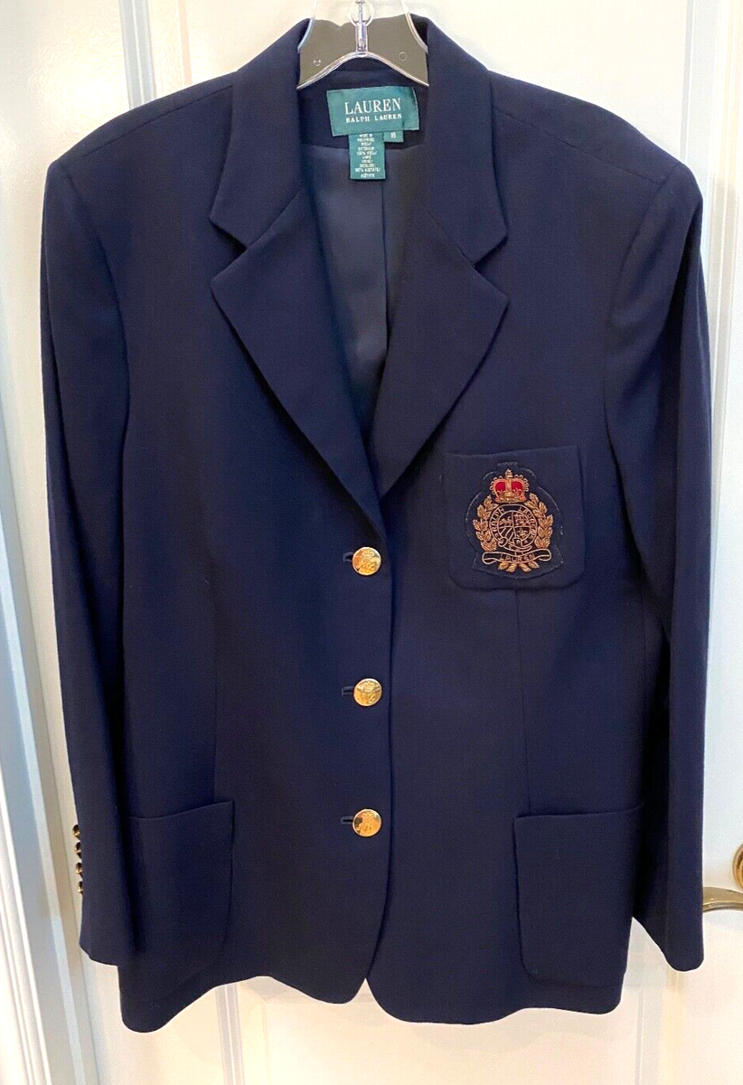 Vintage Ralph Lauren 16 Navy Wool Blazer Crest Gold Buttons Clean