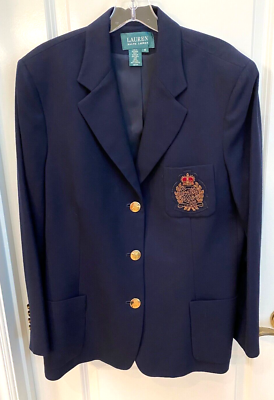Vintage Ralph Lauren 16 Navy Wool Blazer Crest Gold Buttons Clean