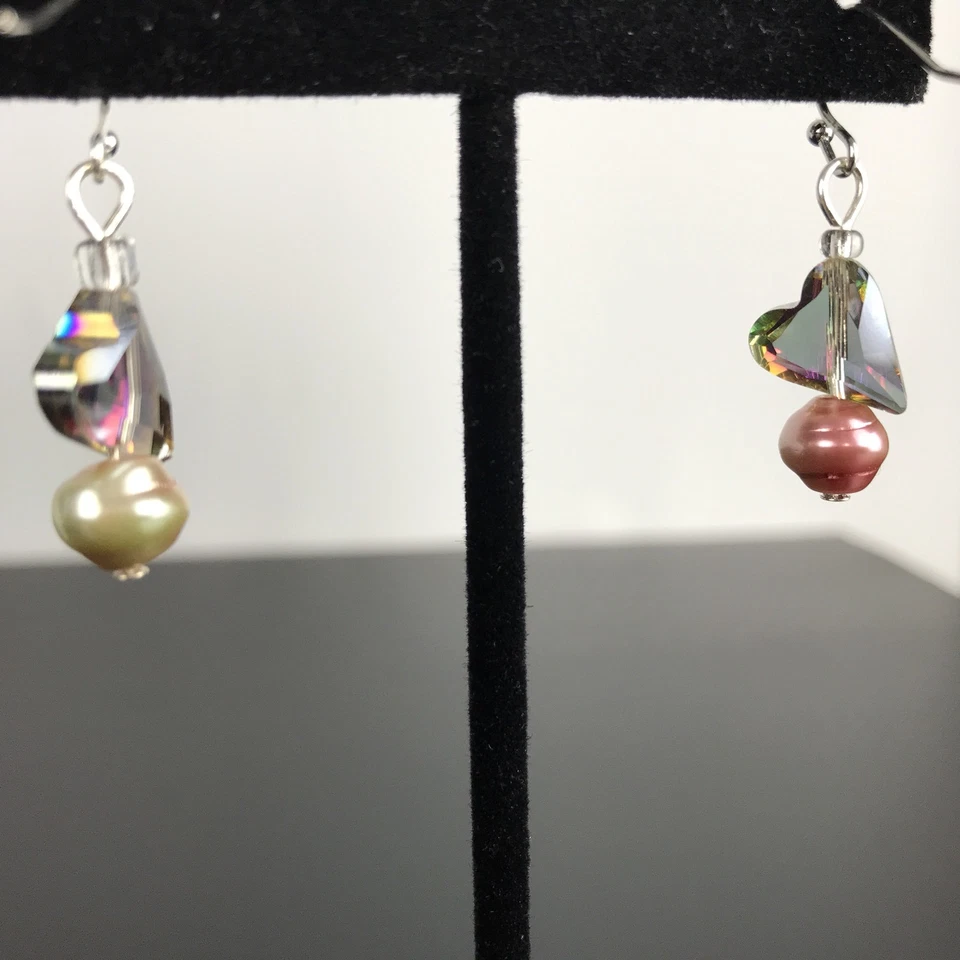 Heart Shape Bead Stone Dangle With Cultured Pink Pearl Earrings  Surgical Steel - Image 3 of 4
