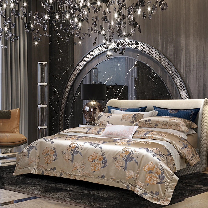 Juego de ropa de cama de algodón de seda natural 4 piezas funda de edredón funda de cama/plana/juego de sábanas ajustadas Foto 2 de 4