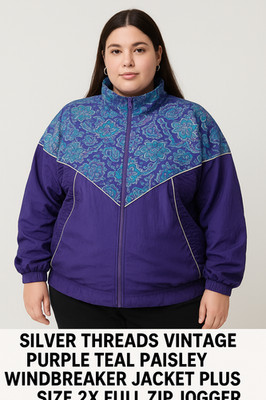 Silver Threads Vintage Purple Teal Paisley Windbreaker Jacket Plus Size 2X Full