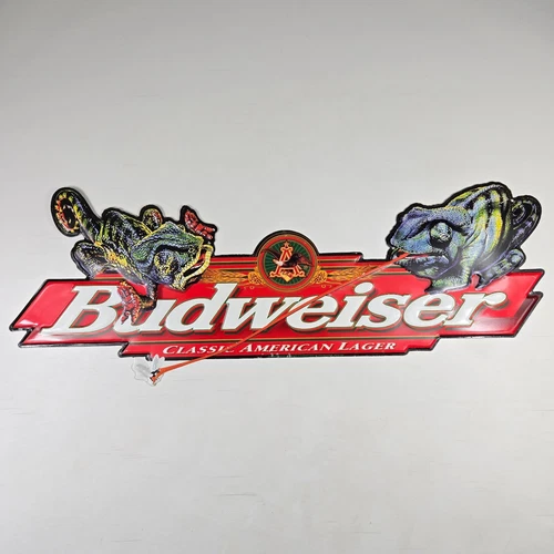 VTG 1997 Rare Budweiser Beer Frank & Louie Chameleon Lizards Tin Sign Length 32”