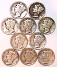 (10) Mercury Dimes - Circulated Very Good - 1937-1945 Range - #2682D