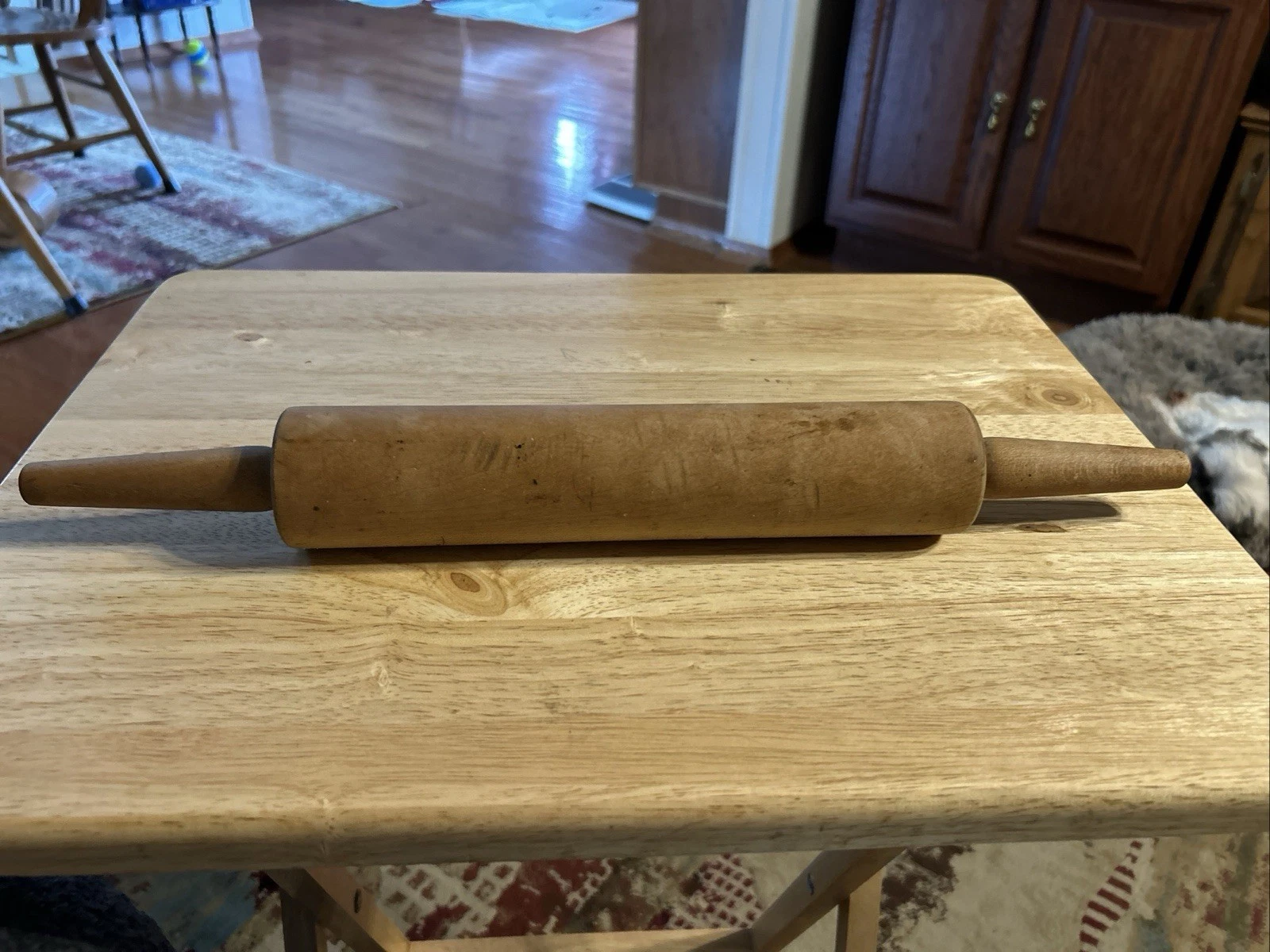 Vintage 17" Wooden Rolling Pin Wood Handles Roller Baking Kitchen