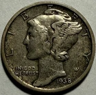 USA - Mercury Silver Dime - 10 Cents - 1938-D - Very Fine - FREE USA Shipping!