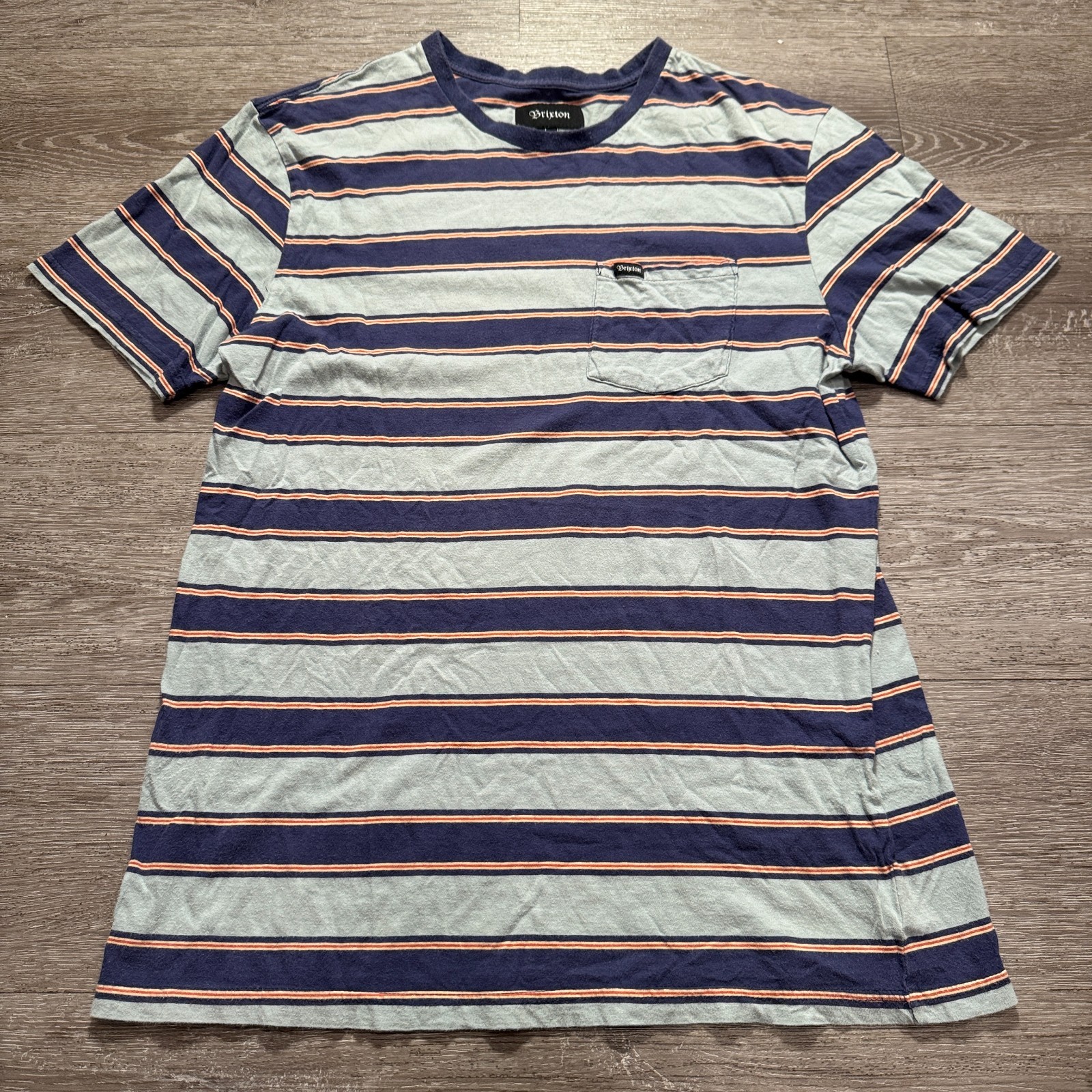 Vintage Brixton Shirt Mens Large Blue Stripe Pocket Tee Short Sleeve Crew Neck