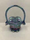 Vintage Fenton Art Glass Basket Handpainted Signed Carnival Glass Blue 7" Rose