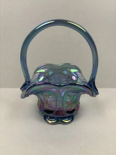 Vintage Fenton Art Glass Basket Handpainted Signed Carnival Glass Blue 7" Rose