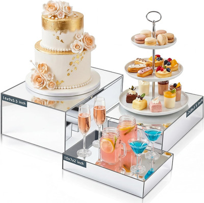 3 Pack Extra Large Acrylic Risers - 14 , 12 , 10  Silver Display Stands with Hol
