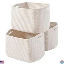 Off White Woven Cotton Rope Storage Baskets - 3-Pack for Nursery, Toys & Towels