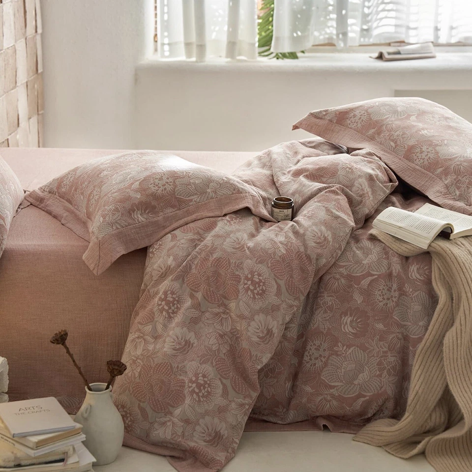 NEW Anthropologie Pink Floral Jacquard Boho Queen Size Bedding Duvet & Sham Set - Image 3 of 4