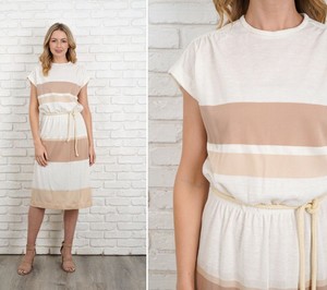 beige and white striped dress