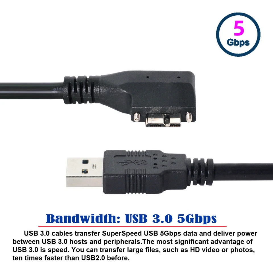 Cablecy USB 3.0 Data Cable Dual Screws Mount Micro USB 3.0 Right Left Angled - Image 2 of 4