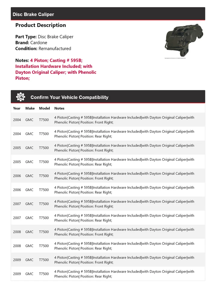 Pinza de freno de disco Cardone para GMC T7500 2004-2009 2005 2006 2007 2008 Foto 2 de 4