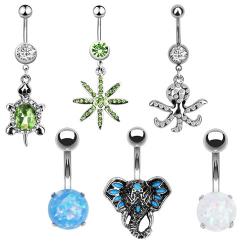 Belly Button Ring Surgical Steel 14G Animal opal Dangle Navel Ring Body Piercing - Afbeelding 1 van 17