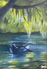 ACEO Acrylic Painting Row Boat River Lake Willow Trees Reflection Landscape Art
