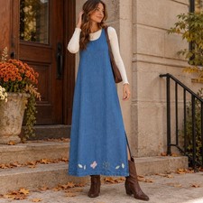 Vintage Y2K Denim Jumper Maxi Dress Sz M Embroidered Floral Butterflies Cottage