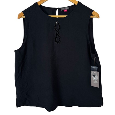 #ad Vince Camuto NEW Summer Swirl Black Tank Top Blouse Eyelet Cut Out Women#x27;s Med $19.95