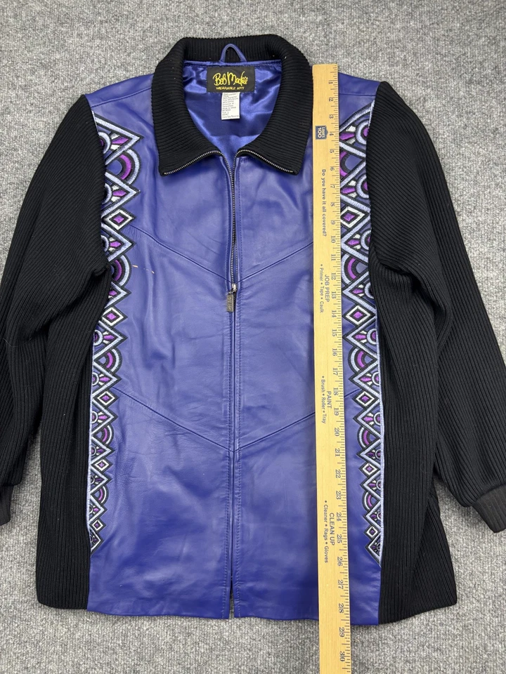 Chaqueta artística portátil Bob Mackie para mujer pequeña púrpura negra de cuero tejida cremallera acanalada Foto 4 de 4