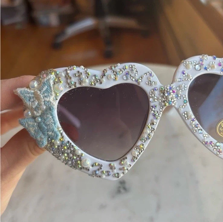 White Heart Shaped Jeweled Embellished Sunglasses - Image 4 of 4