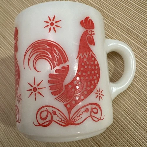 Vintage Red Rooster Milk Glass Coffee Cup Good Condition