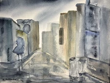 Raining Day–Cityscape-Charlotte Hoffman–Watercolor–Mid-20th Century American Art