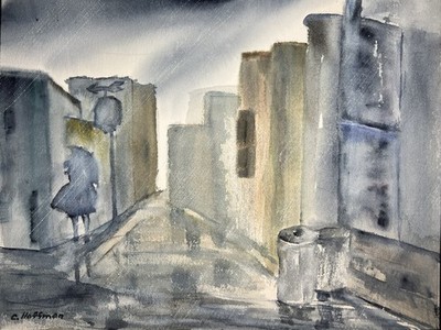 Raining Day Cityscape-Charlotte Hoffman Mid 20th C. Watercolor NY Artist
