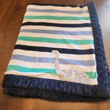 Carters Child Of Mine Navy Blue Green White Striped Dinosaur Dino Baby Blanket